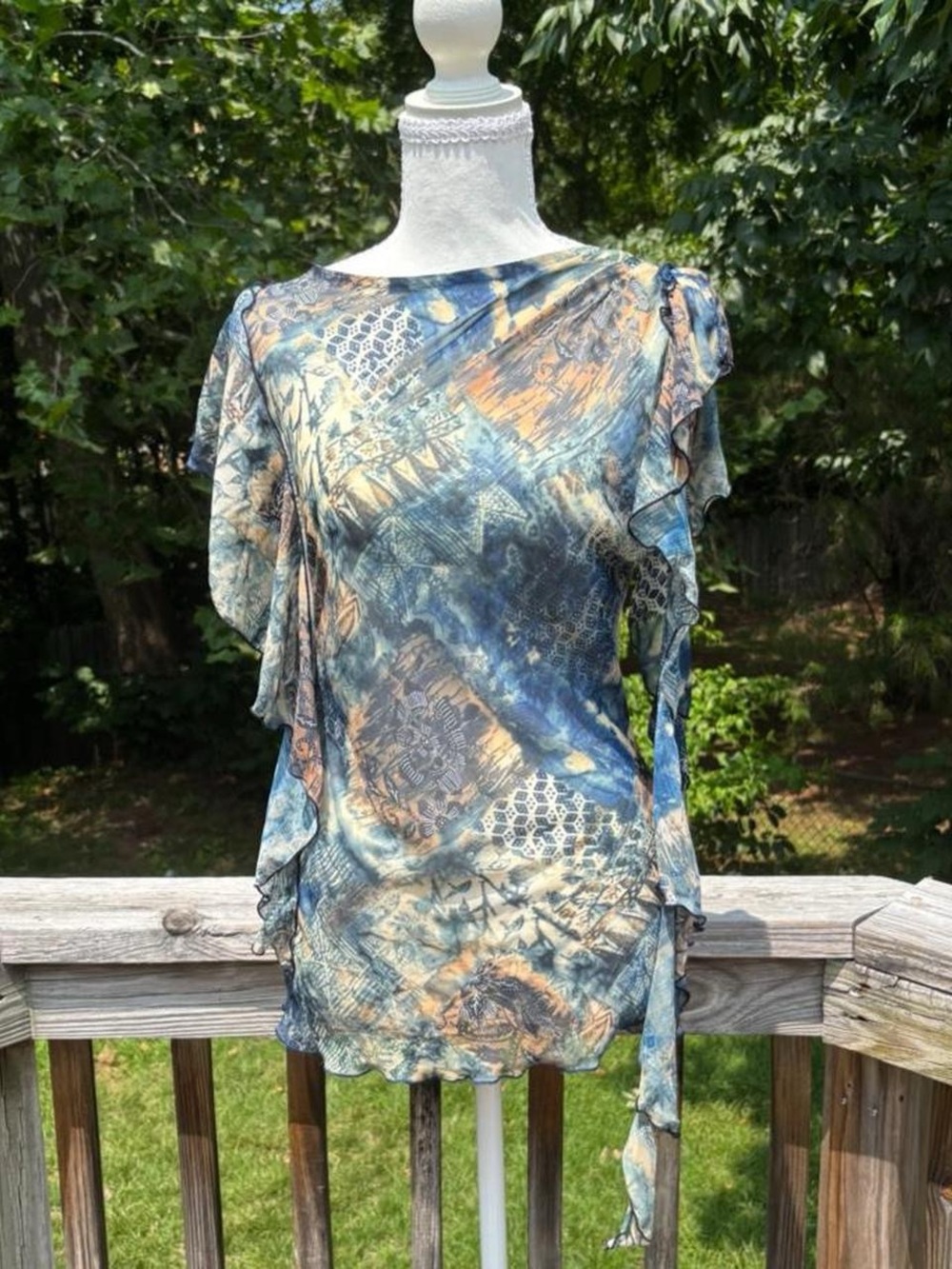 Sheer blue print asymmetric ruffle top